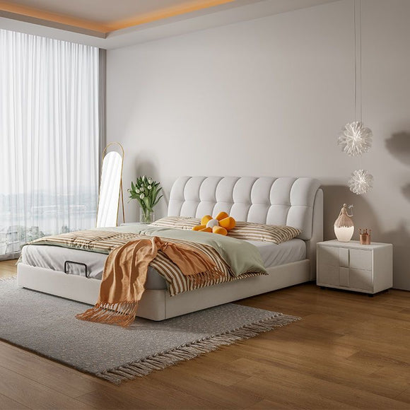 เตียงนอน 5ฟุต 6ฟุต เตียงมินิมอล โครงไม้สนแท้เนื้อแข็ง สีครีม เตียงสไตล์เกาหลี