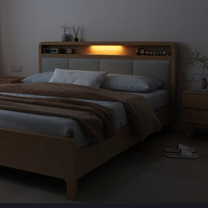 เตียงนอน 5ฟุต 6ฟุต เตียงไม้แท้ เตียงนอนมินิมอล มีไฟLED พร์อตชาร์จ USB